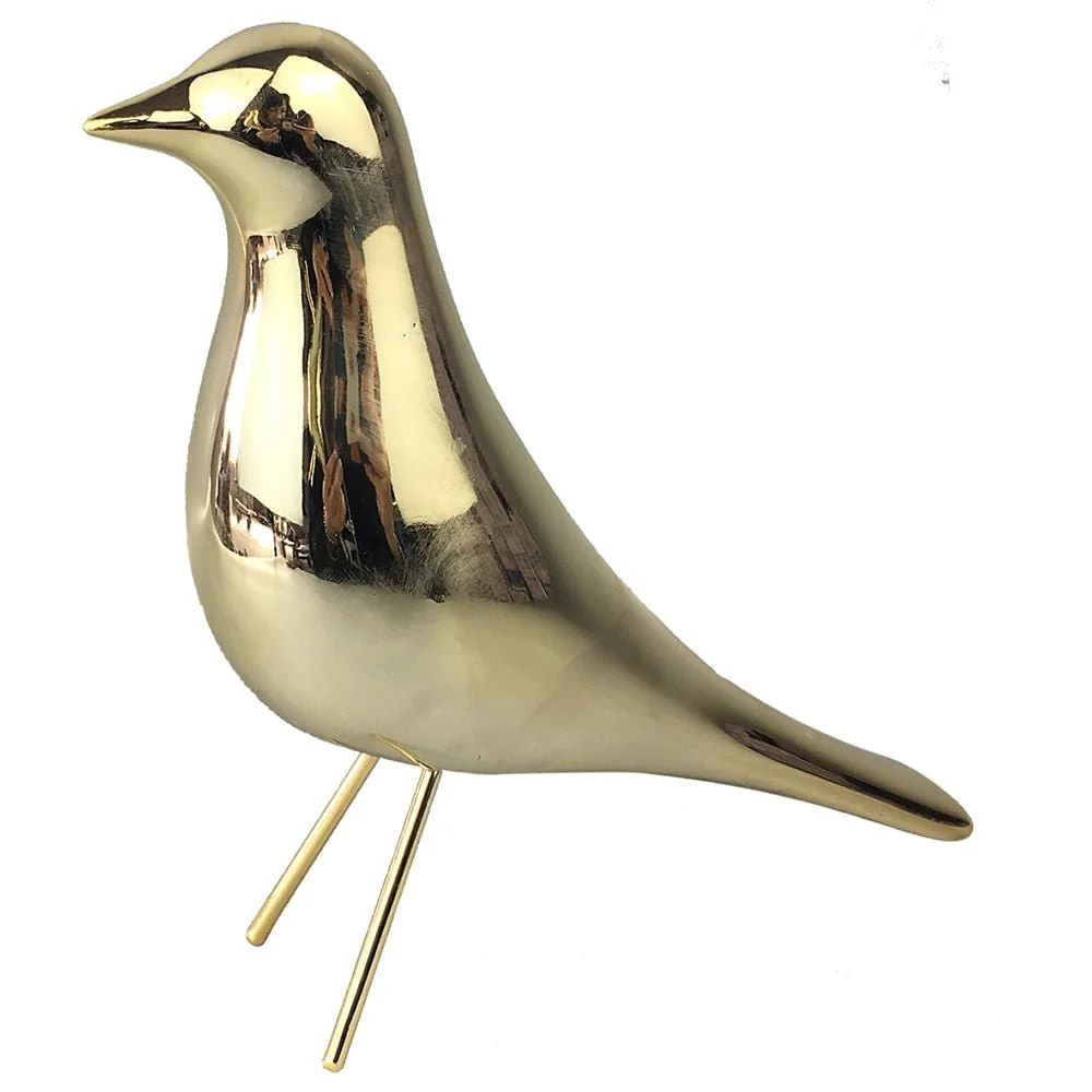 Pássaro Decorativo Dourado Em Cerâmica Pé em Metal (M) 18cm