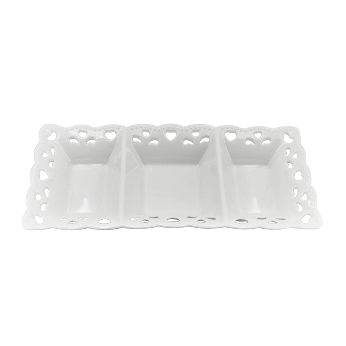 Petisqueira com 3 Divisórias em Porcelana Branca Detalhes Coração - 25,7 cm