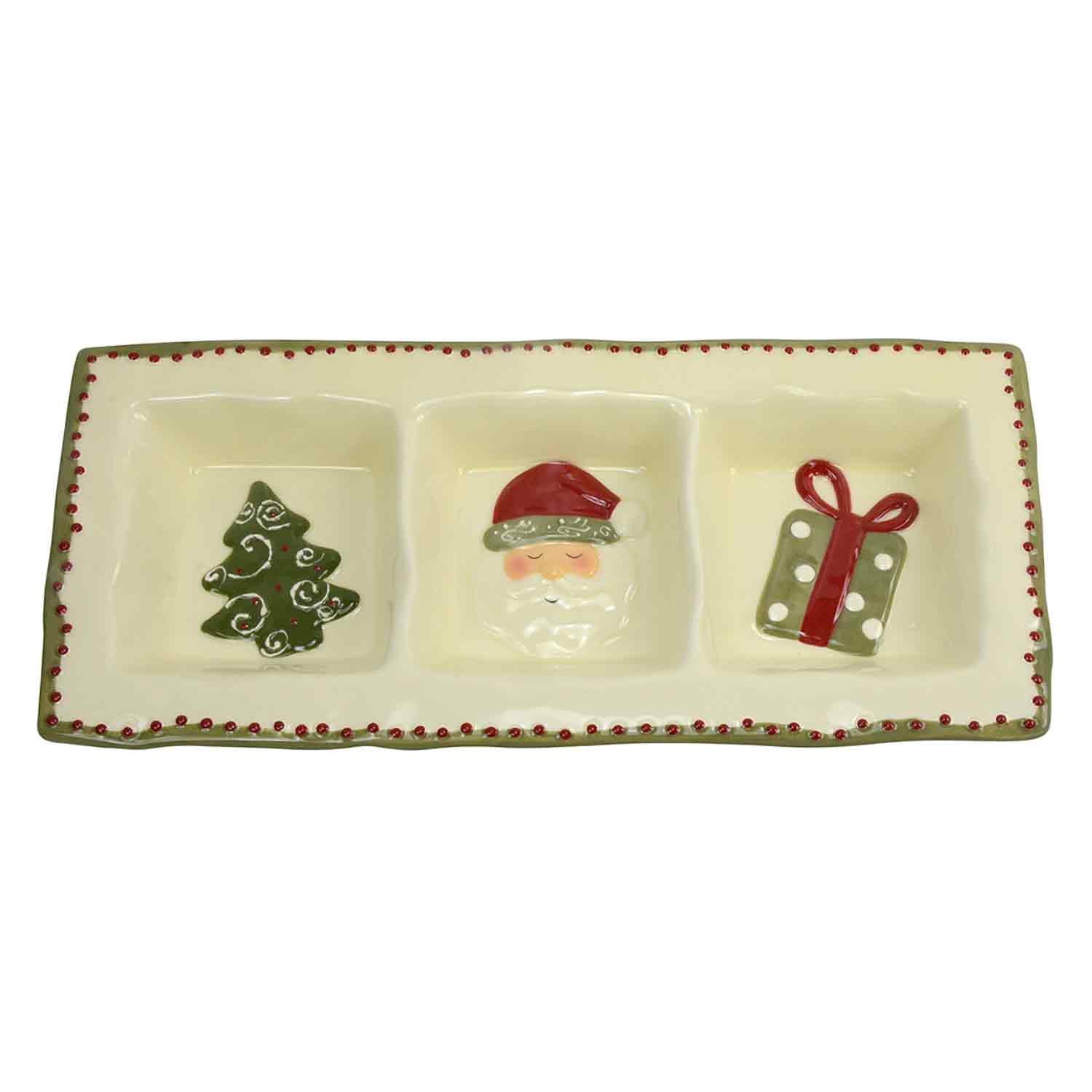 Petisqueira Retangular Tripla de Cerâmica Natalina 35cm x 16cm x 3,5cm