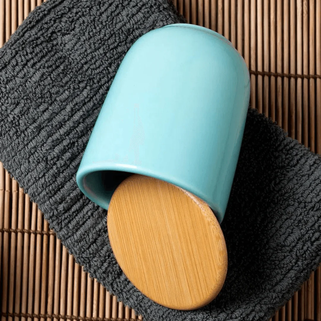 Porta Algodão em Cerâmica Azul com Tampa de Bambu Osaka - Image 2