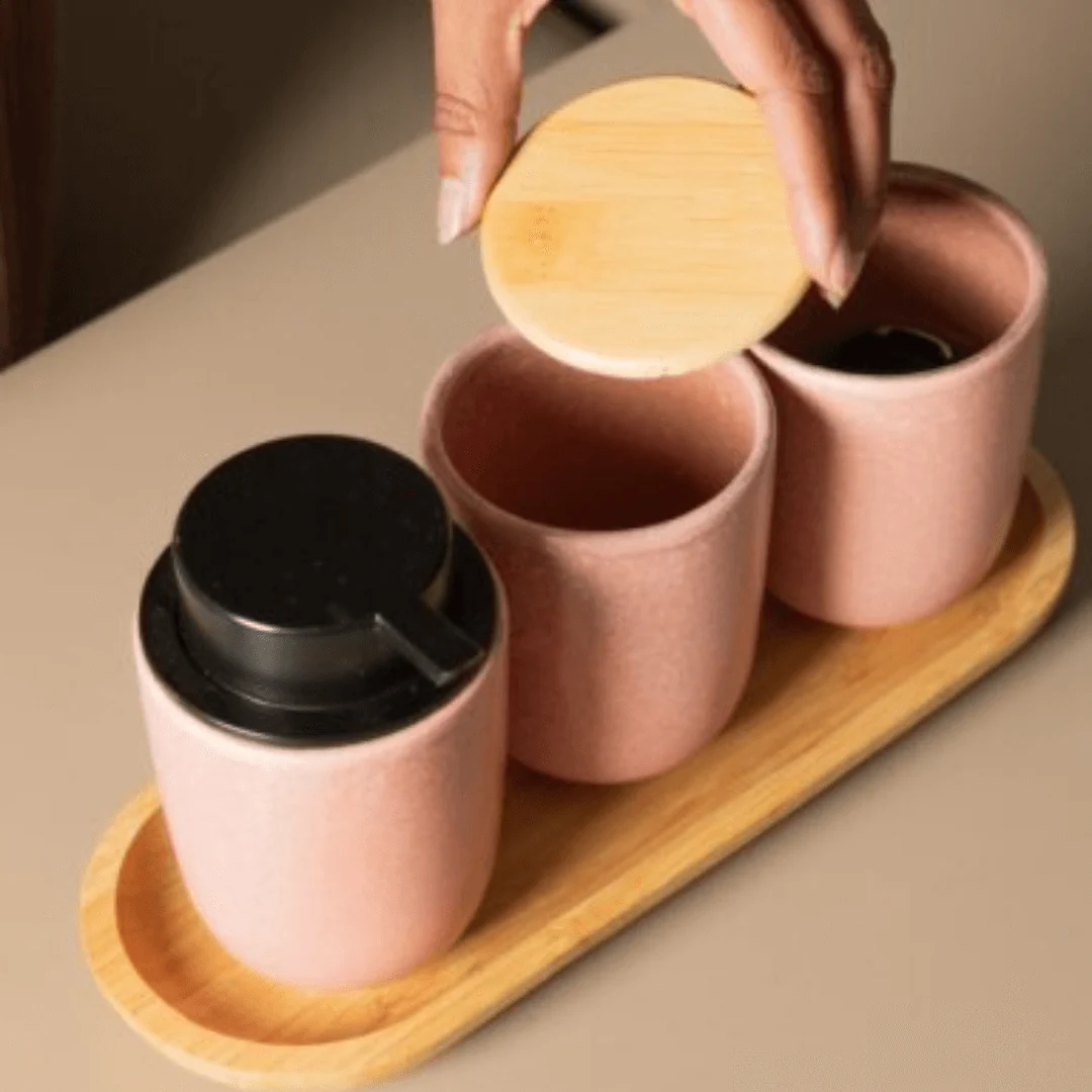 Porta Algodão em Cerâmica Rosa com Tampa de Bambu Osaka - Image 3