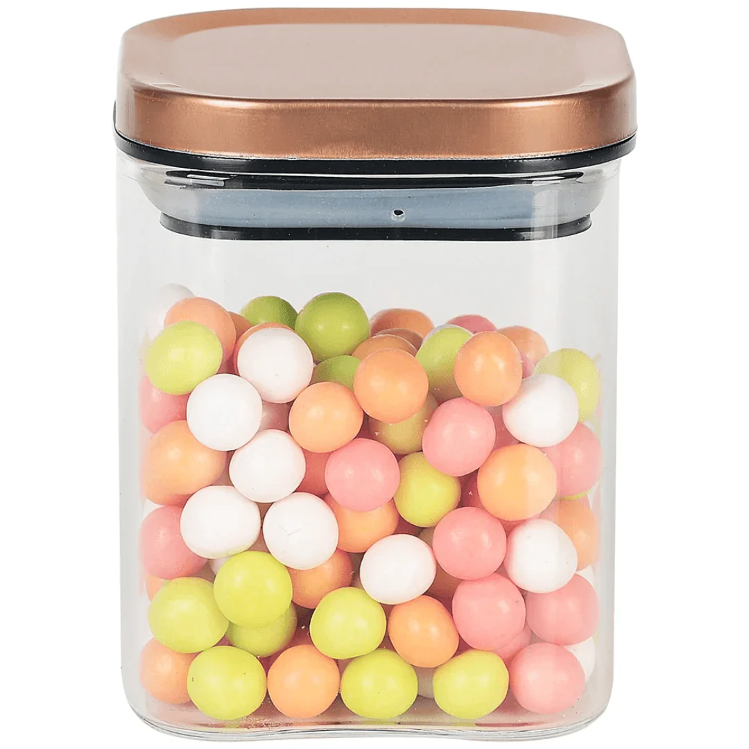 Porta Mantimento Quadrado em Vidro Borossilicato com Tampa Rose Gold 400mL
