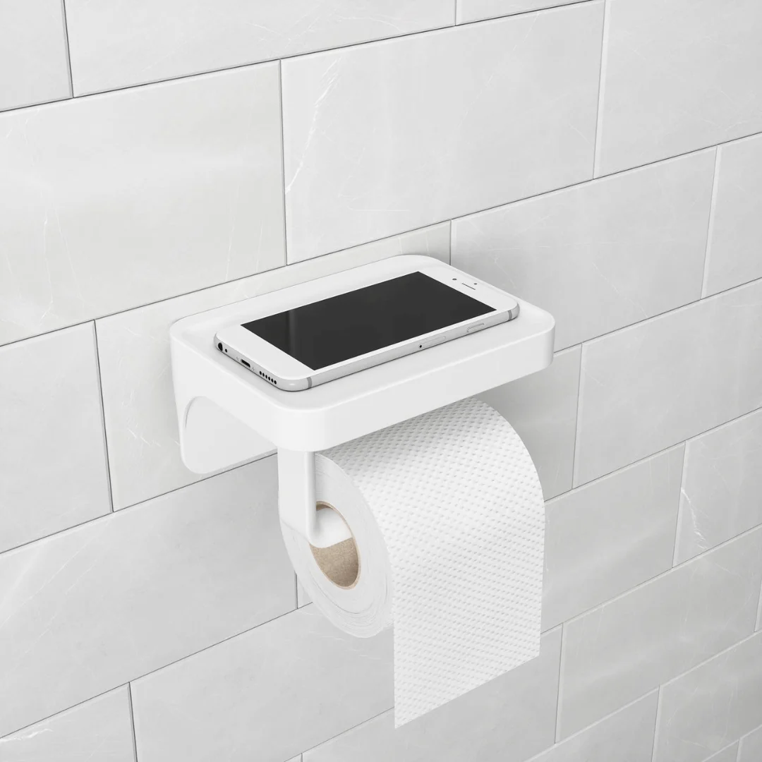 Porta Papel Higiênico com Porta Objeto Fixação Adesivo Branco Linha Flex