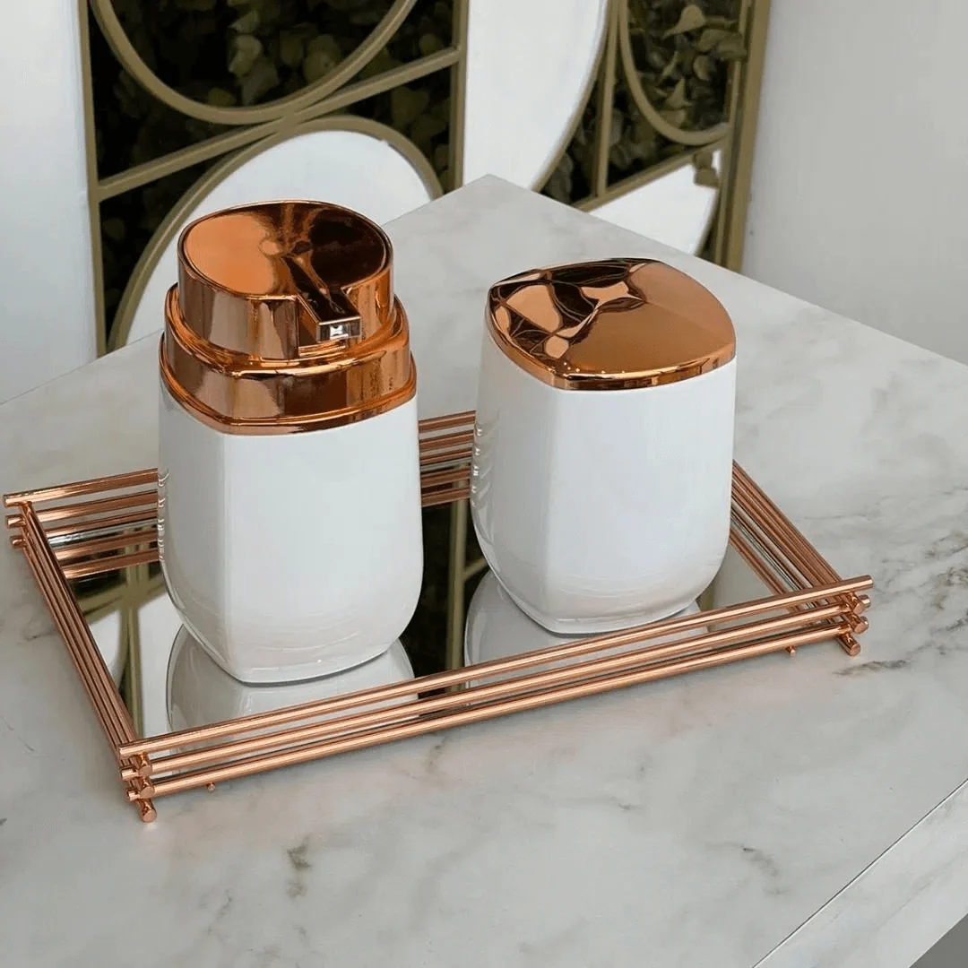 Porta Sabonete Líquido Álcool Gel e Dispenser Detergente Branco com Rose Gold - 450ml - Image 2