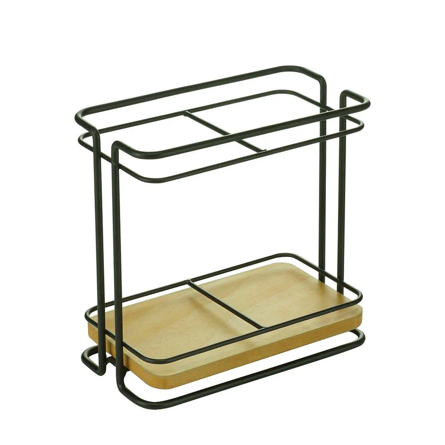 Porta Talheres Metal Com MDF Wood Rack Preto