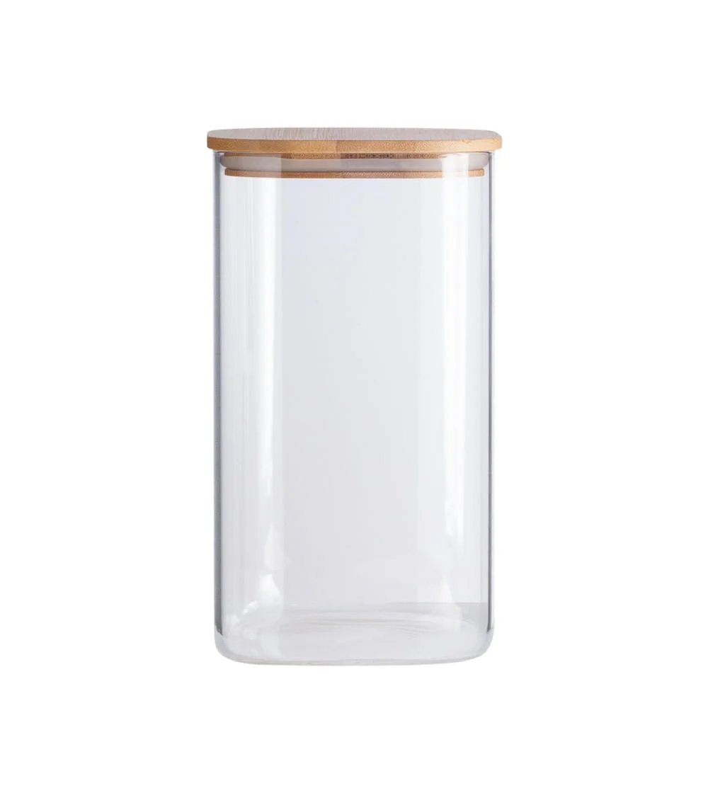 Pote de Vidro Flat com Tampa de Bambu Quadrado Mantimento 1,4 Litros