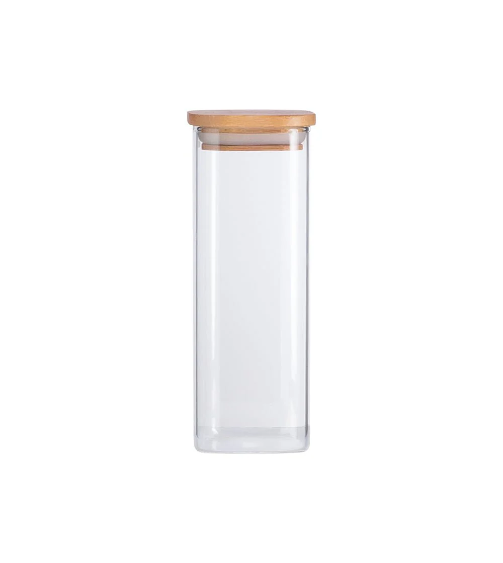 Pote de Vidro Flat com Tampa de Bambu Quadrado Mantimento 400ml