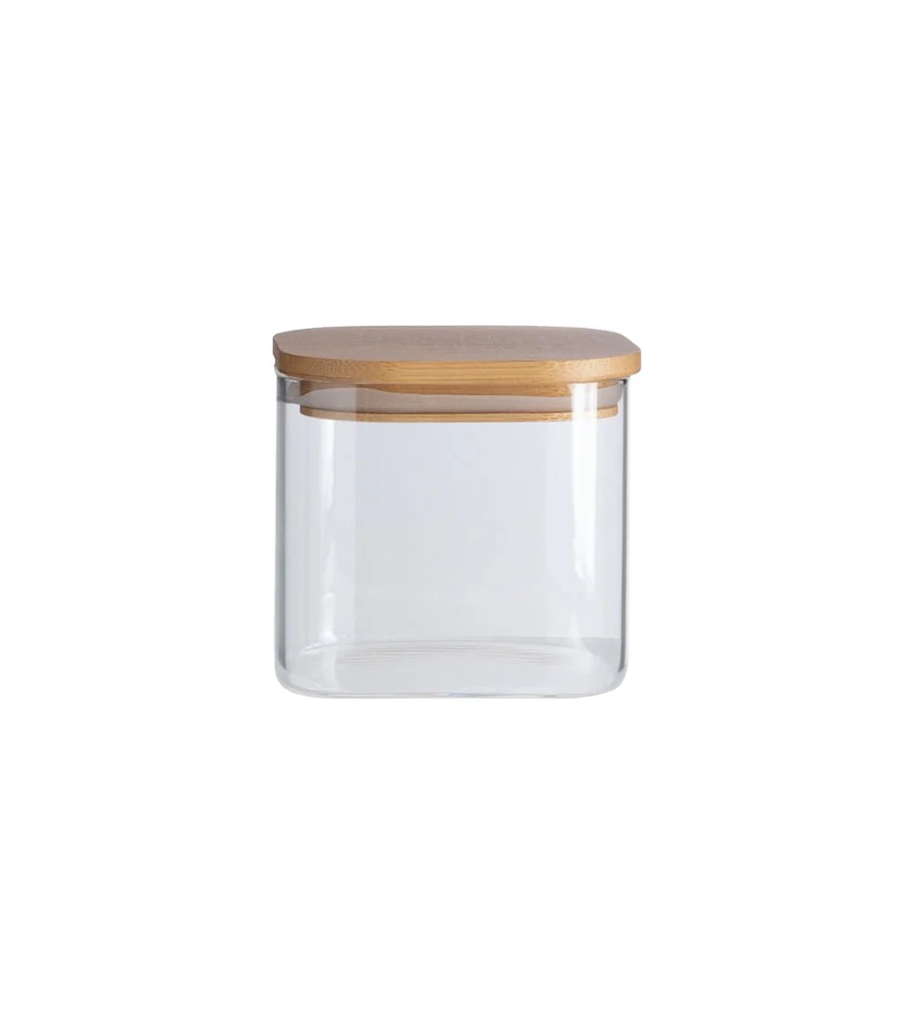 Pote de Vidro Flat com Tampa de Bambu Quadrado Mantimento 600ml