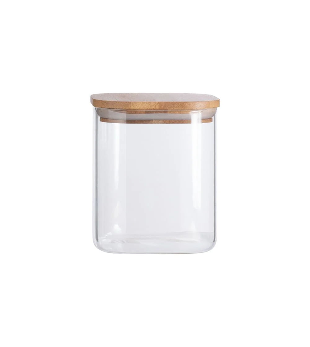 Pote de Vidro Flat com Tampa de Bambu Quadrado Mantimento 800ml
