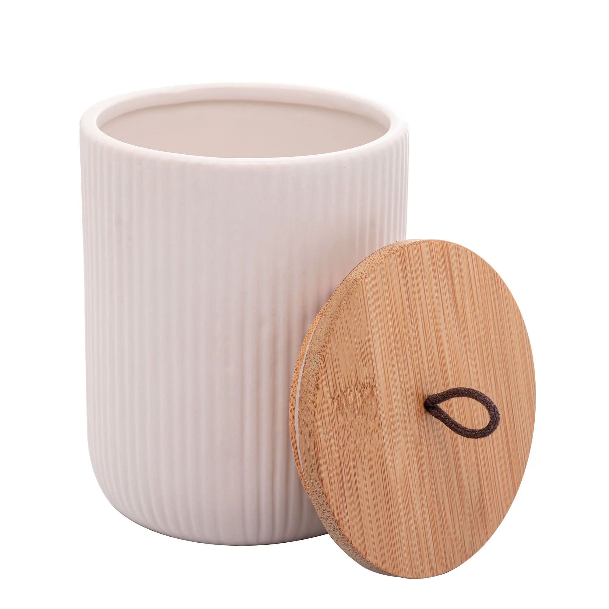 Pote Decorativo de Cerâmica com Tampa De Bambu Com Pegador De Corda Lines Branco12,5cm - Image 4