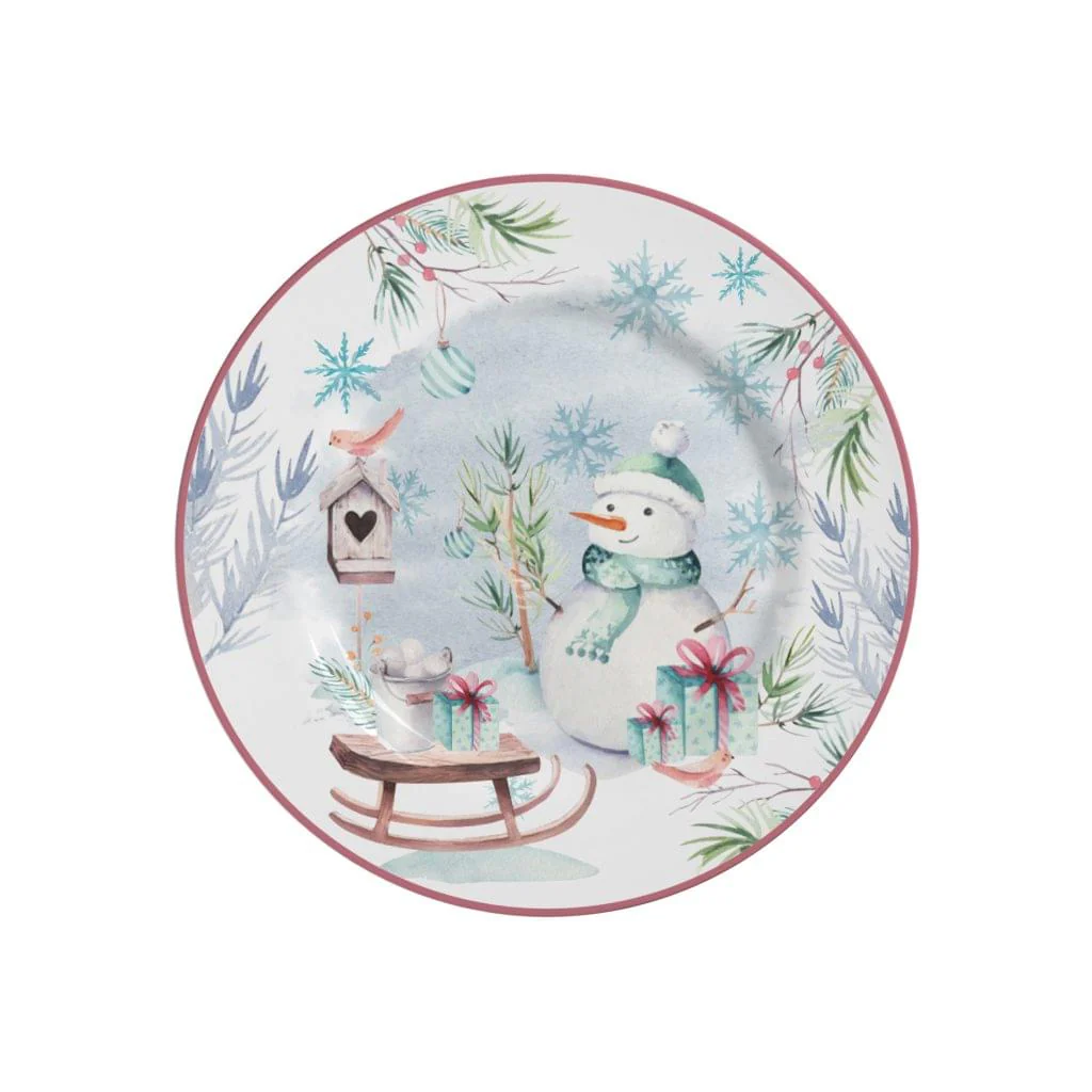 Prato de Sobremesa Boneco de Neve Natal Snowman Ceramica - 19,5cm
