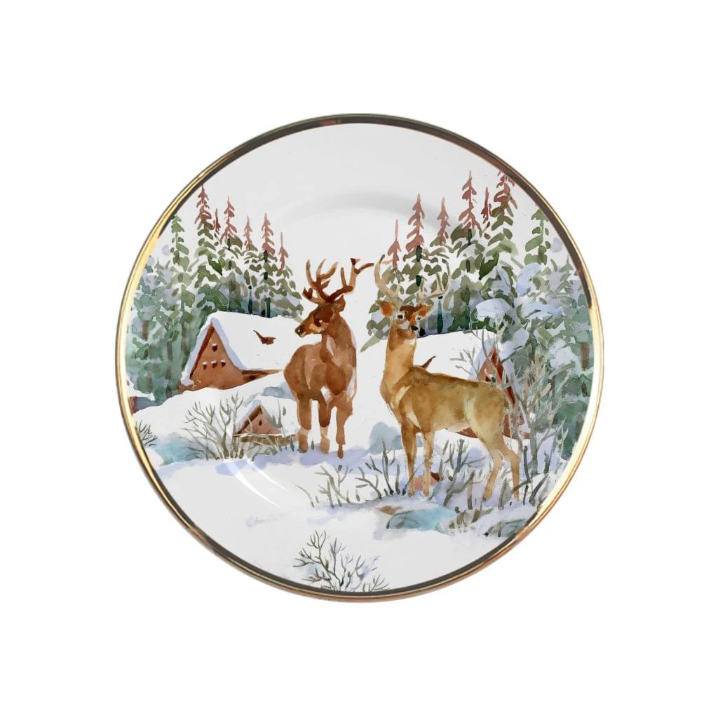 Prato de Sobremesa Estampa Renas Natal Filete Ouro 19,5cm