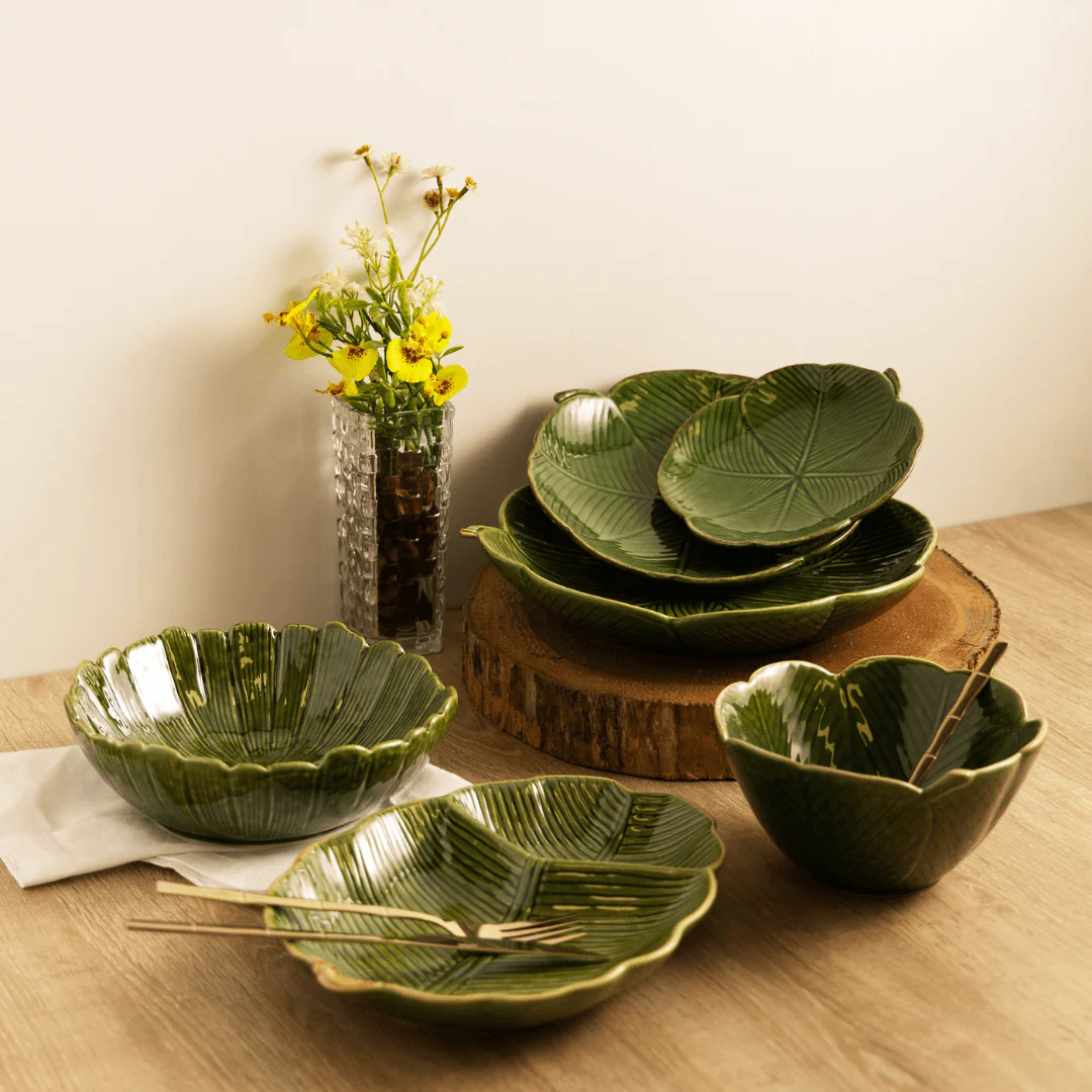 Prato Decorativo Travessa de Cerâmica Banana Leaf Folha Trevo Verde 27cm - Image 4