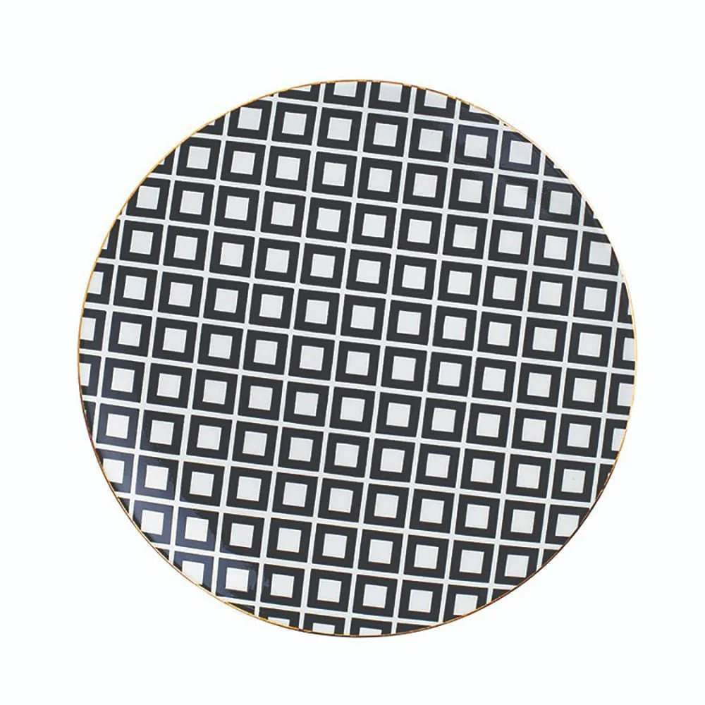 Prato Decorativo Em Ceramica Preto e Branco 22 cm
