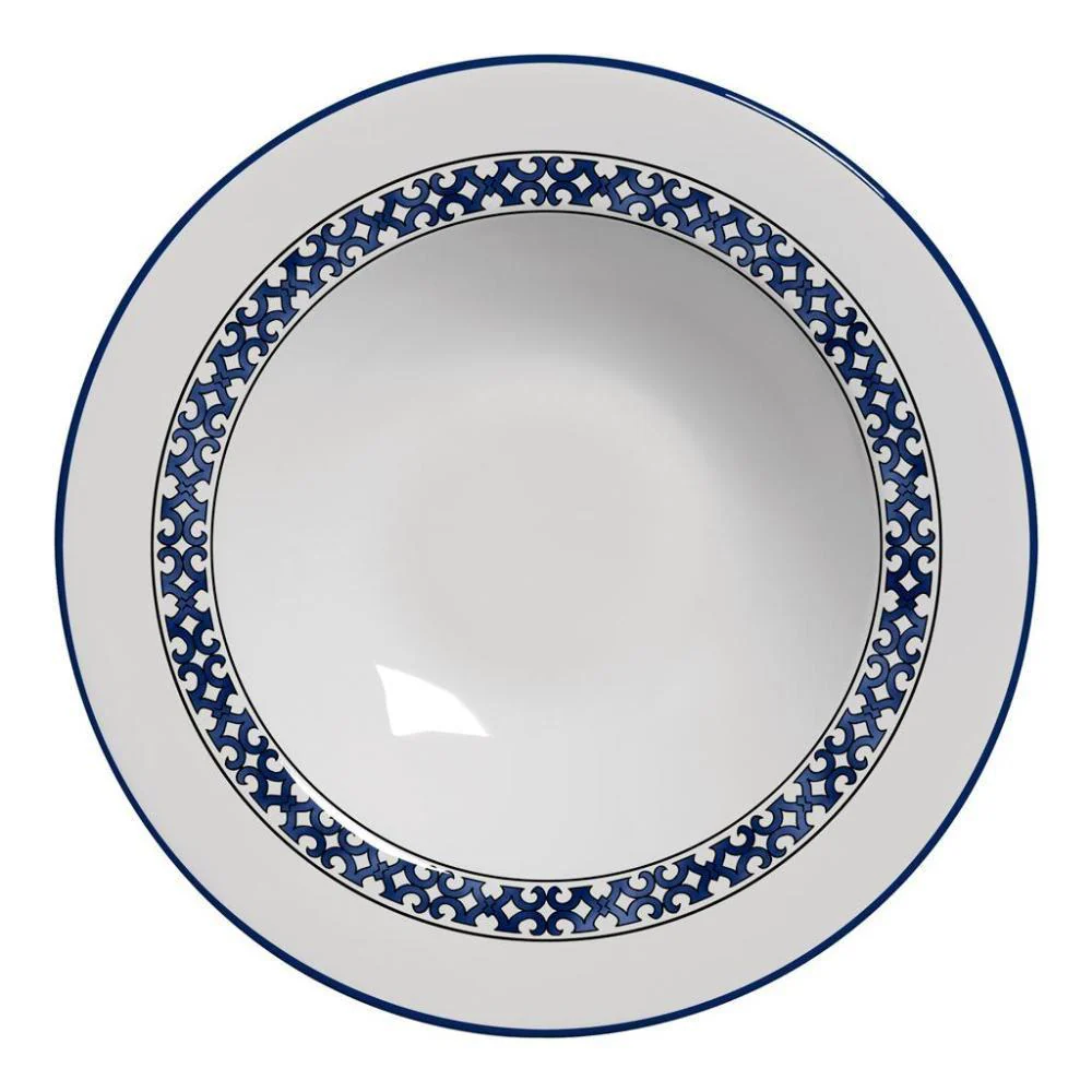 Prato Fundo Capri Azul e Branco Cerâmica 24,5cm