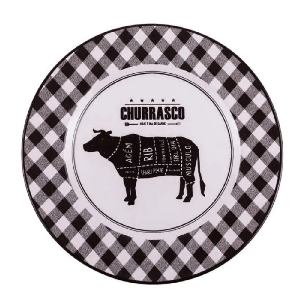 Prato Raso Cerâmica Churrasco Barbecue Preto e Branco - 28,5 cm