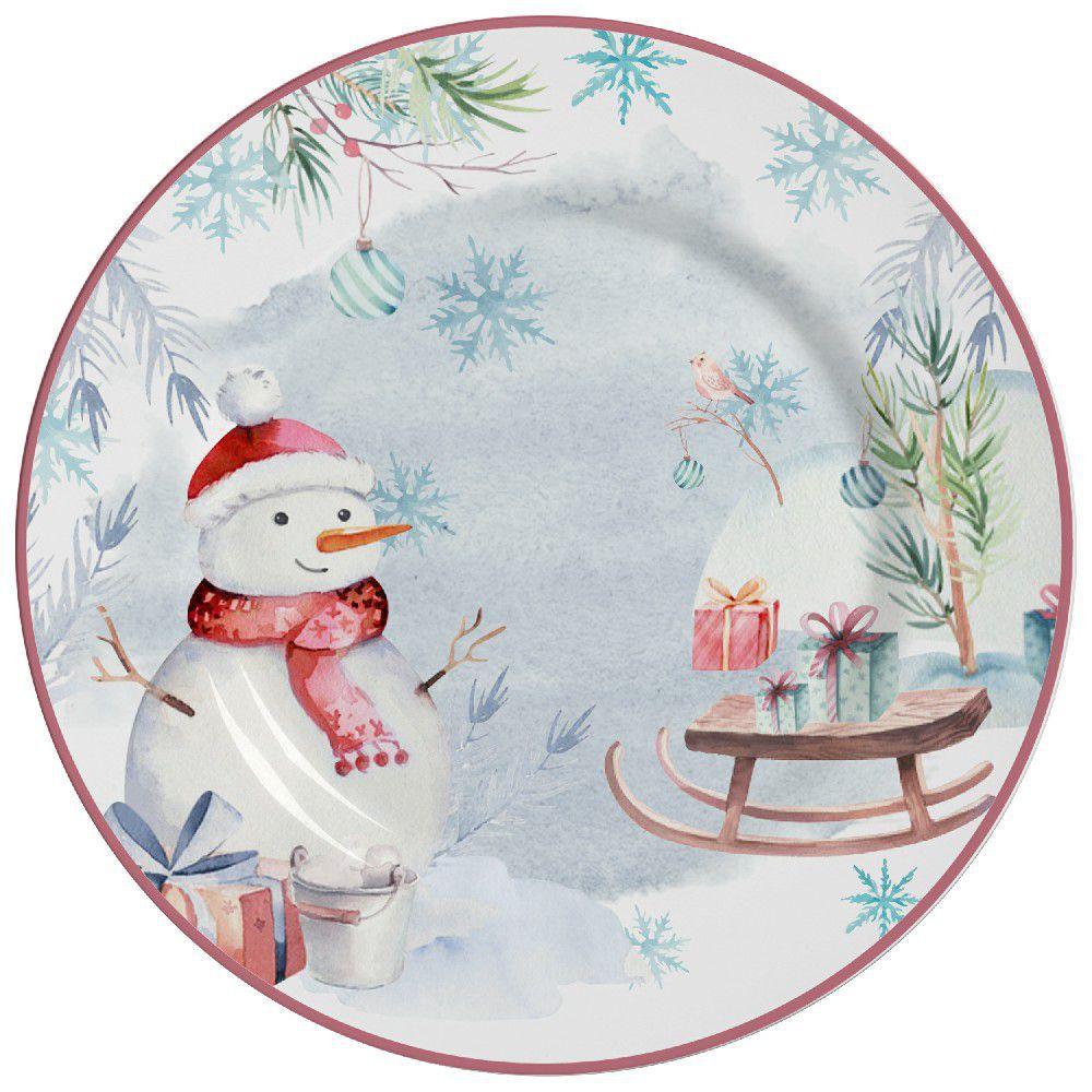 Prato Raso Snowman Boneco de Neve Natal Ceramica Borda Rosa - 28,5cm