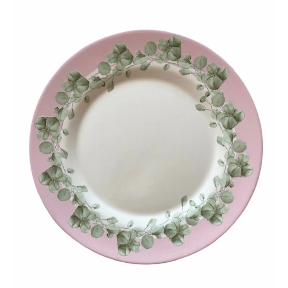 Prato Raso Cerâmica Feldspática Páscoa Decor Borda Rosa Fundo Branco - 28,5 cm