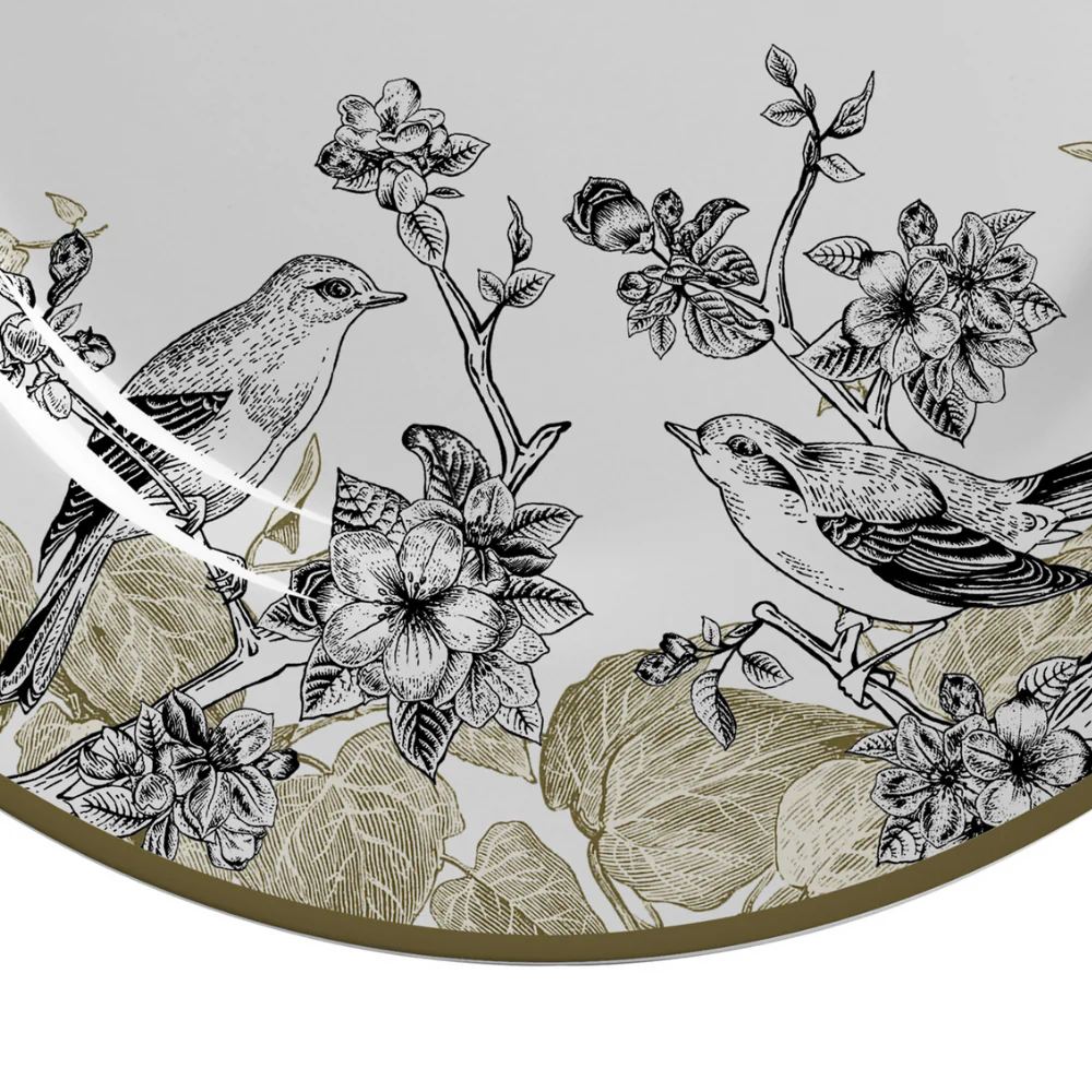 Prato Raso Flora Flores e Pássaros Dourado e Marinho Cerâmica Acetinado - 28,5 cm - Image 3