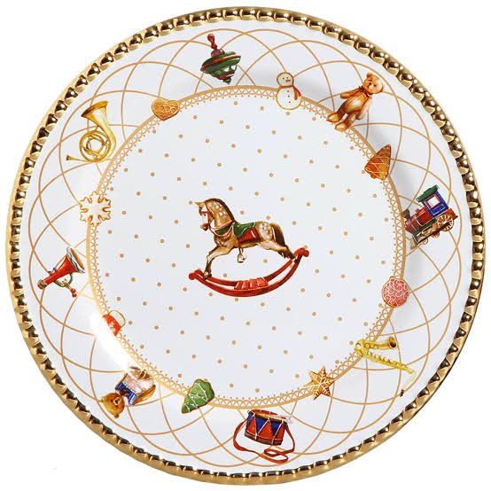 Prato Raso Toys Christmas Natal Branco e Dourado 28cm