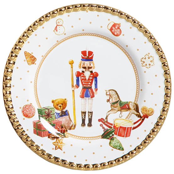 Prato Sobremesa Toys Christmas Natal Branco e Dourado 20cm