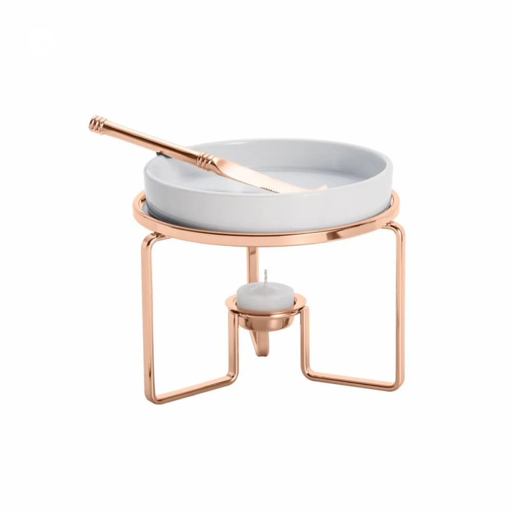 Rechaud De Porcelana Para Queijo Com Faca e Suporte Aço Rose Gold