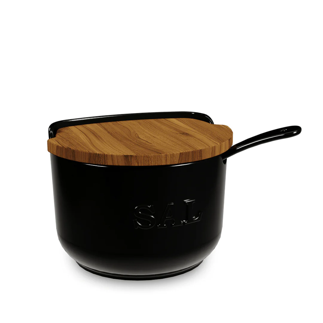 Saleiro Cerâmica Preto com Colher e Tampa de Madeira 500g - Image 3