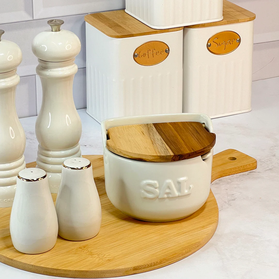 Saleiro de Cerâmica Branco com Colher e Tampa de Madeira 500g - Image 2