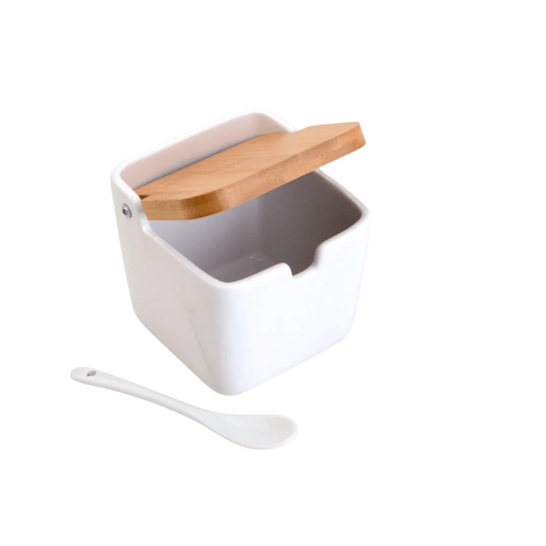 Saleiro de Mesa Ceramica com Tampa e Colher Branca 400ml - Image 8
