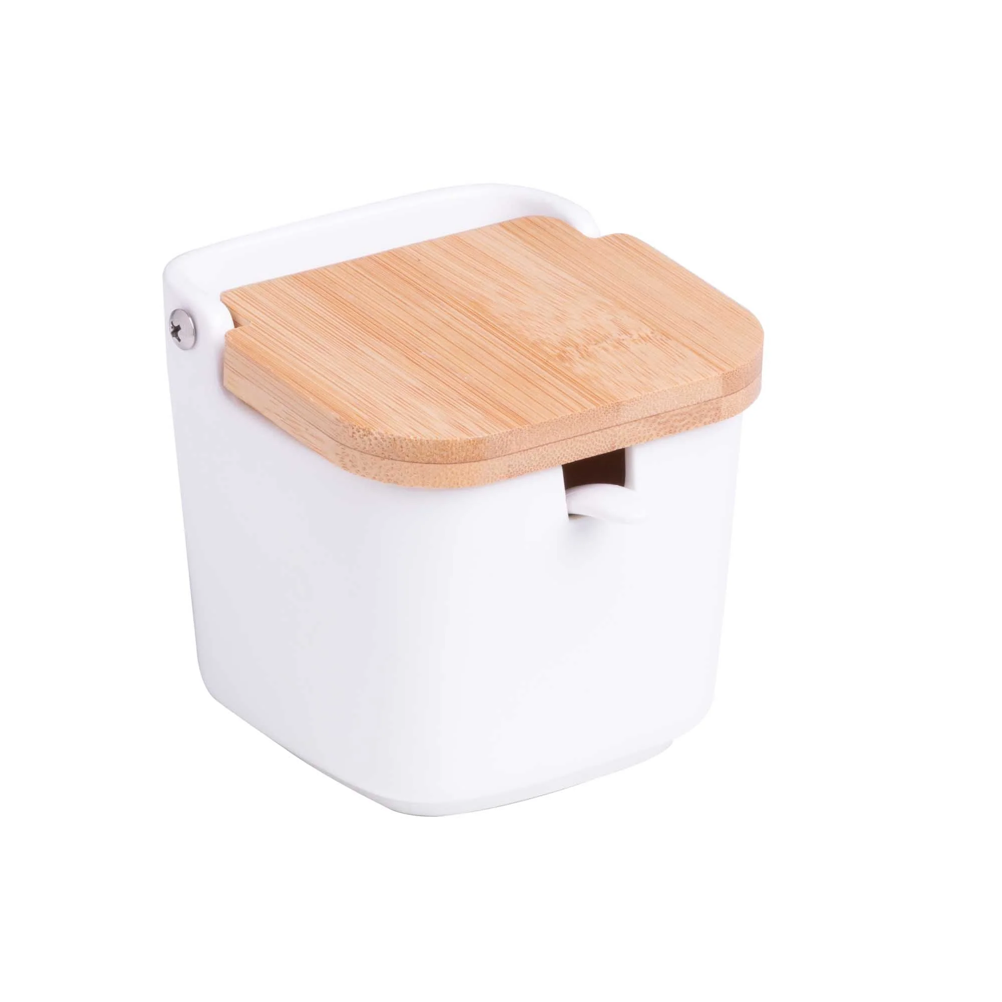 Saleiro de Mesa em Cerâmica com Tampa de Madeira e Colher Branco 9cm - Image 4