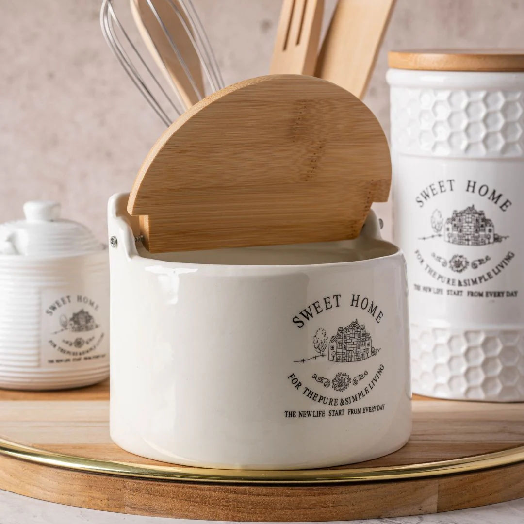 Saleiro em Cerâmica com Tampa de Madeira para Parede Sweet Home Branco 620ml