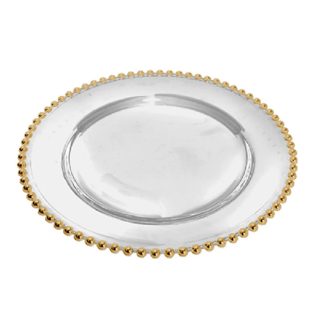 Sousplat Bolinha Em Cristal Ecológico Natural e Borda Dourada - 31,5 Cm
