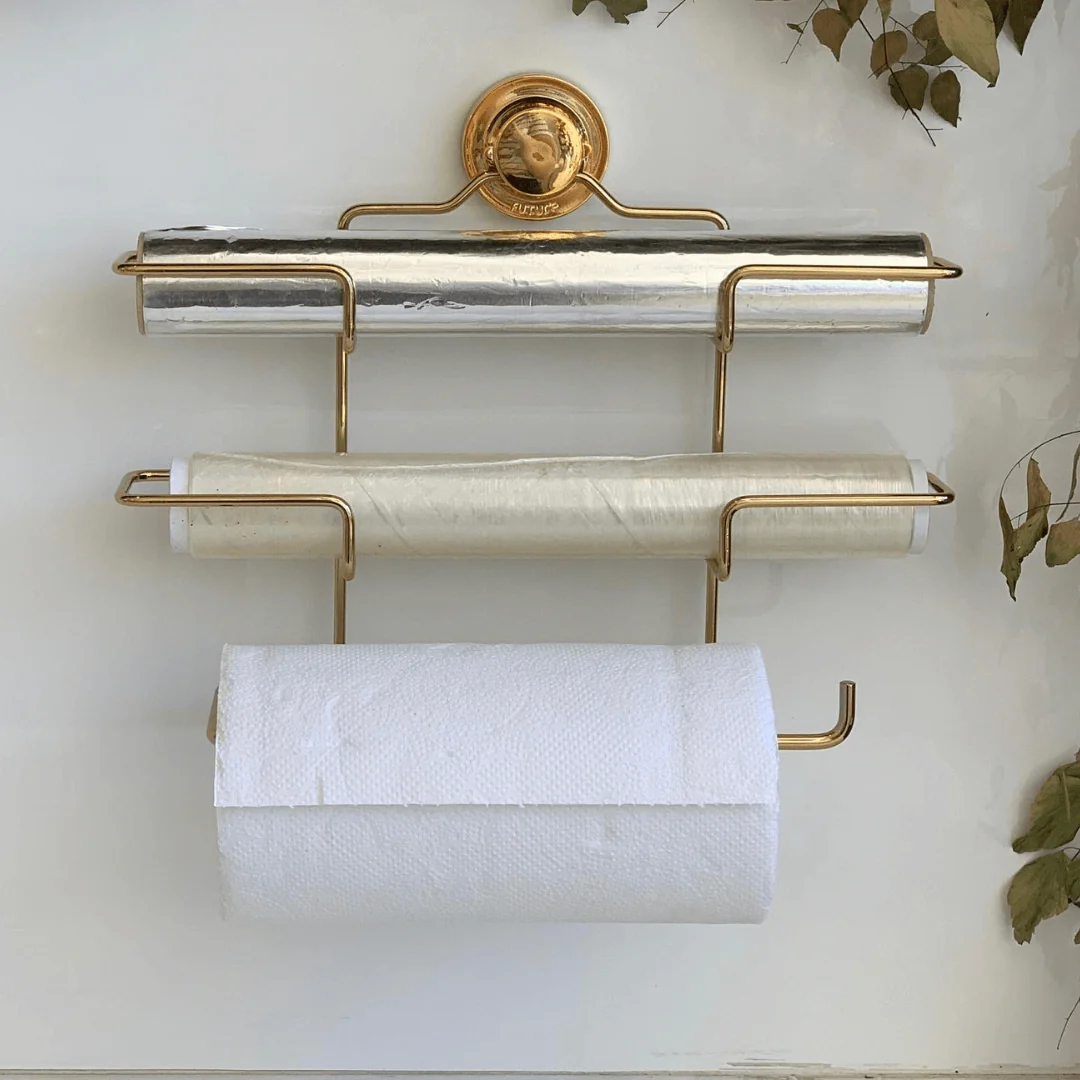 Suporte de Rolos Triplo para Papel Toalha/Alumínio/PVC com Ventosa Dourado - Image 2