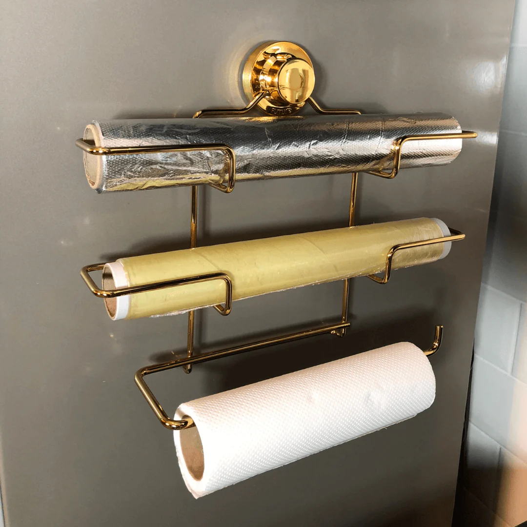 Suporte de Rolos Triplo para Papel Toalha/Alumínio/PVC com Ventosa Dourado - Image 3