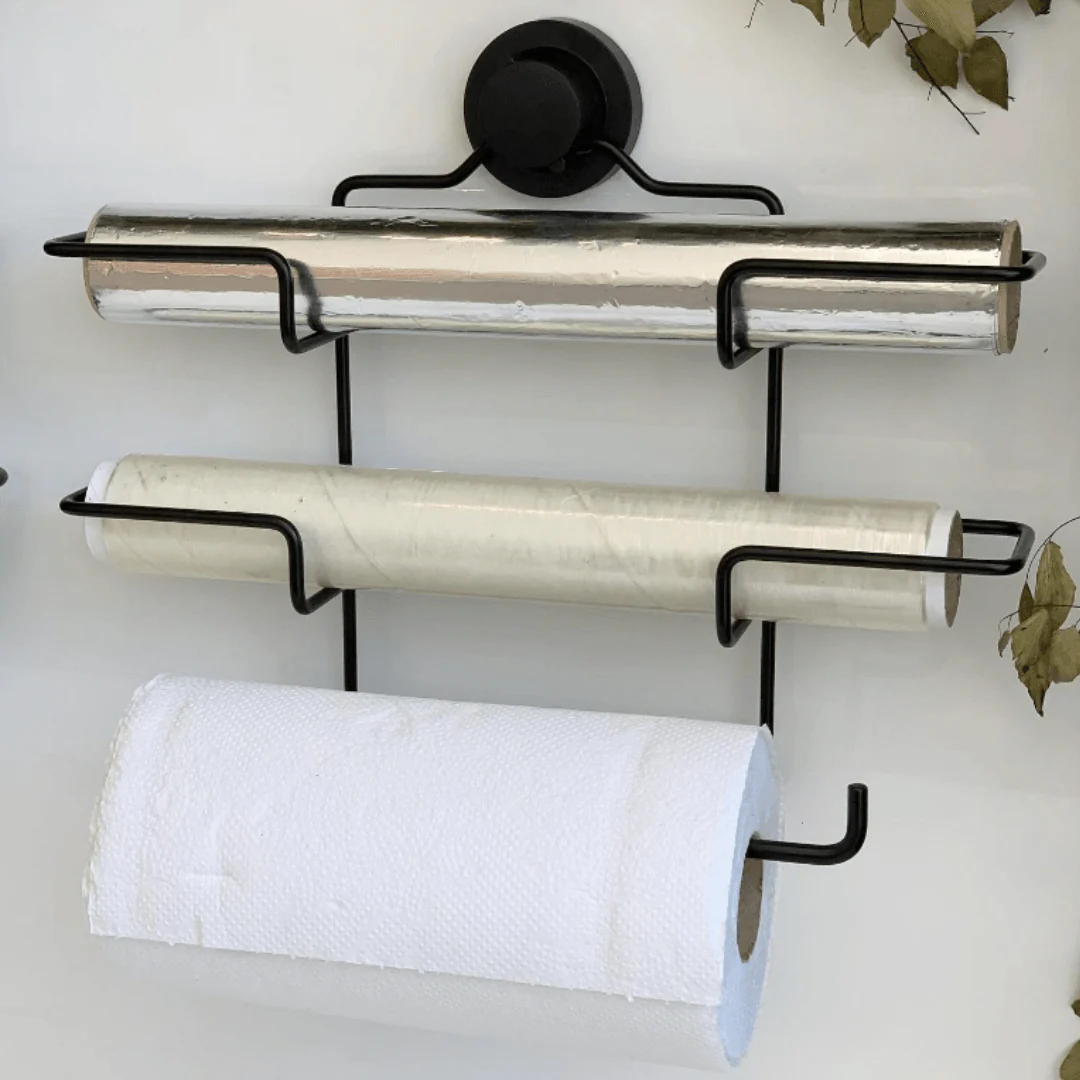 Suporte de Rolos Triplo para Papel Toalha/Alumínio/PVC com Ventosa Preto Fosco - Image 2