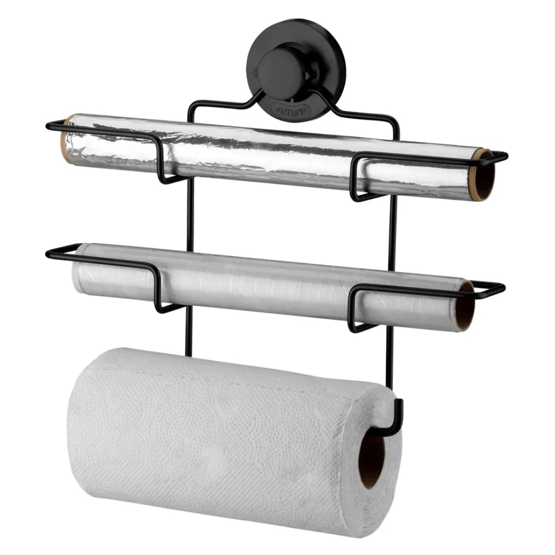 Suporte de Rolos Triplo para Papel Toalha/Alumínio/PVC com Ventosa Preto Fosco - Image 3