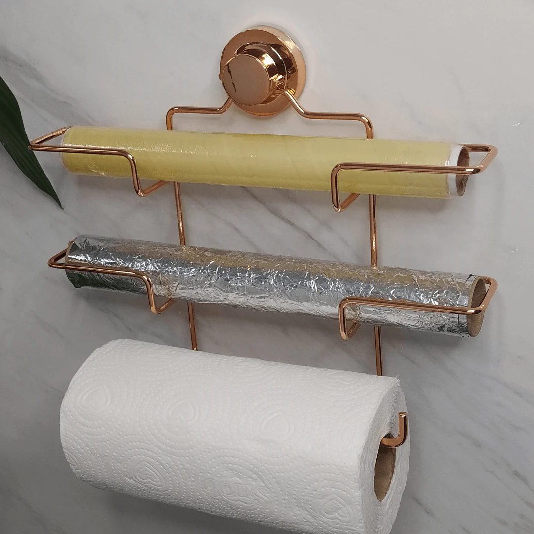 Suporte de Rolos Triplo para Papel Toalha/Alumínio/PVC com Ventosa Rose Gold - Image 3