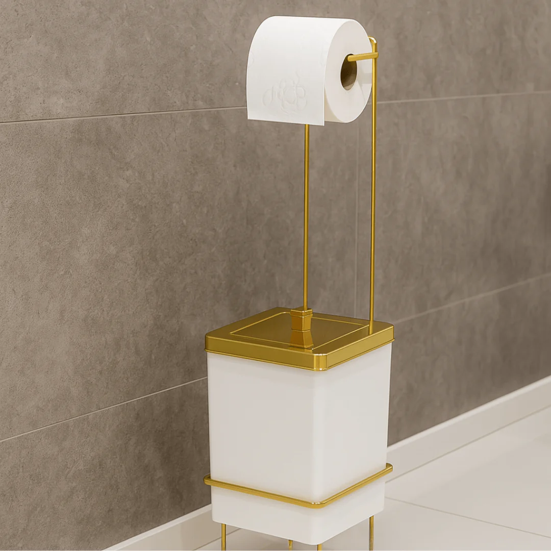 Suporte Papel Higiênico com Lixeira Branca e Dourada 6,5 Litros