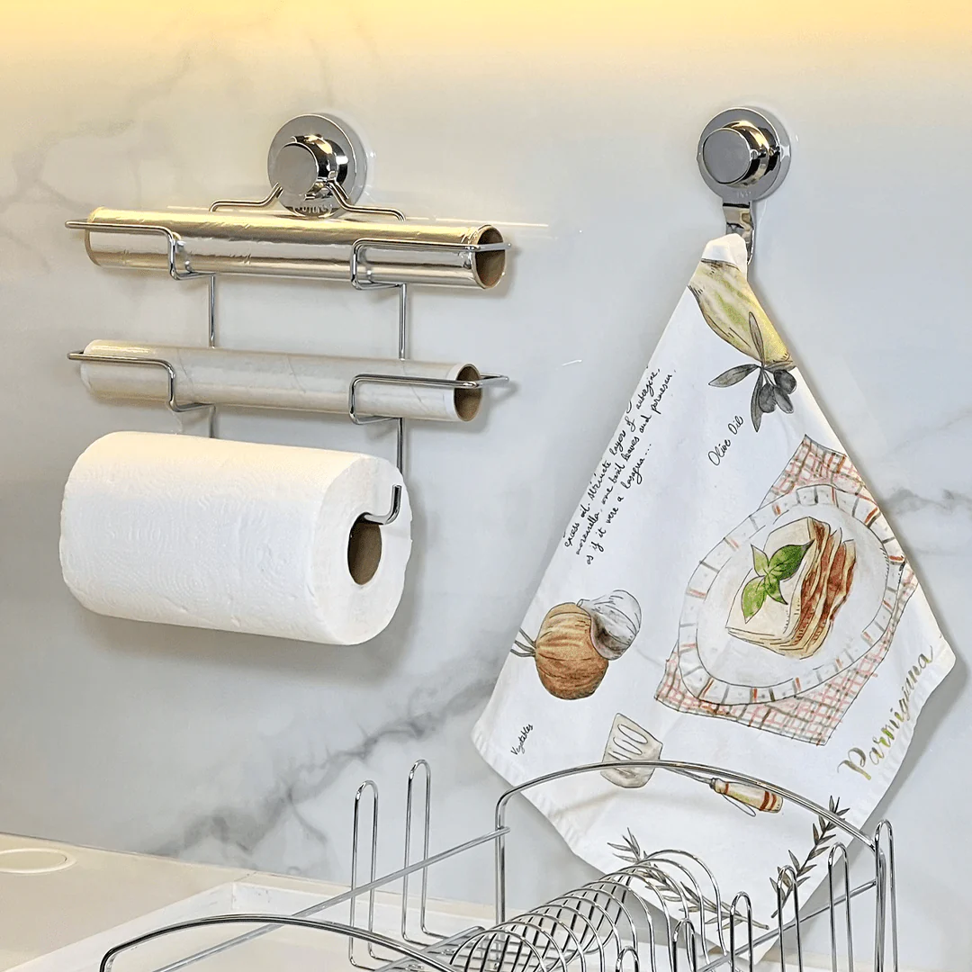 Suporte de Rolos Triplo para Papel Toalha/Alumínio/PVC com Ventosa Cromado - Image 2