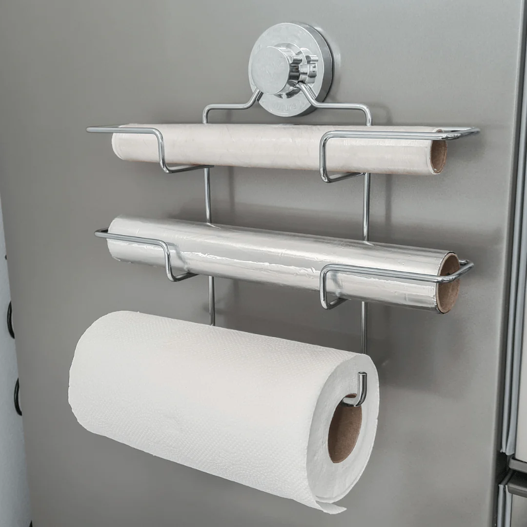 Suporte de Rolos Triplo para Papel Toalha/Alumínio/PVC com Ventosa Cromado - Image 4
