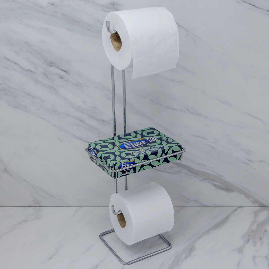 Suporte para Papel Higiênico Chão Duplo Com Porta Objeto Cromado