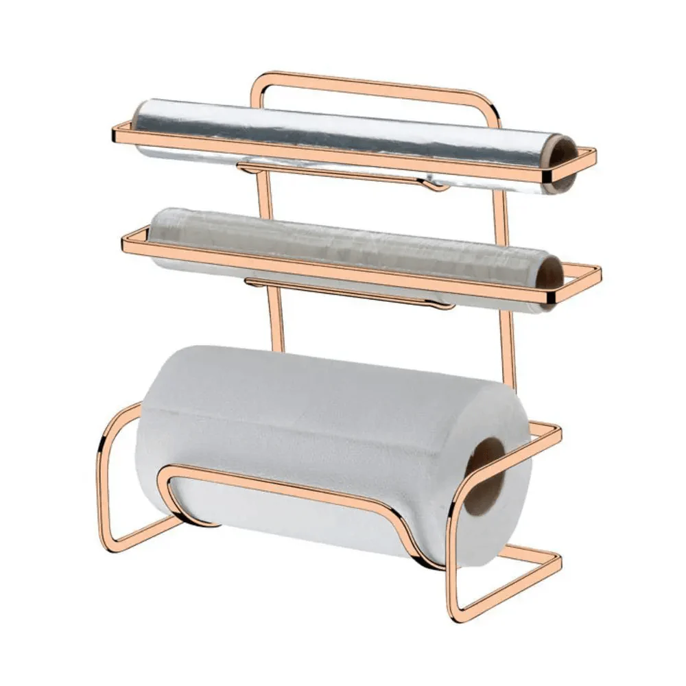 Suporte Porta Rolos Papel Toalha Alumínio PVC Bancada e Parede Rose Gold