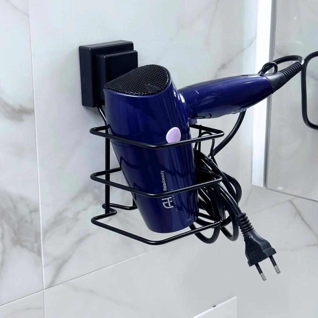 Suporte para Secador de Cabelo Fixação Ventosa Preto