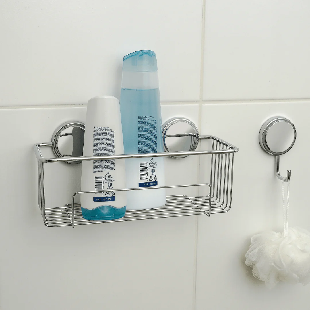 Suporte Porta Shampoo Retangular Fixação por Adesivo Cromado 28,5cm