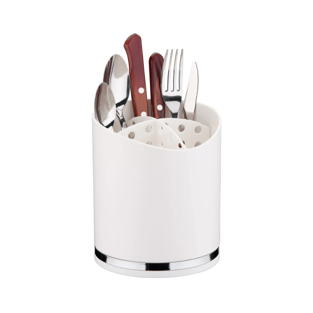 Suporte Porta Utensílios e Talheres Branco e Cromado