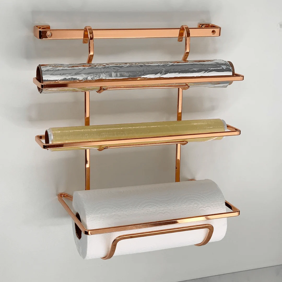 Suporte Porta Rolos Triplo Papel Toalha Alumínio e PVC Para Barra Luxo Rose Gold - Image 2