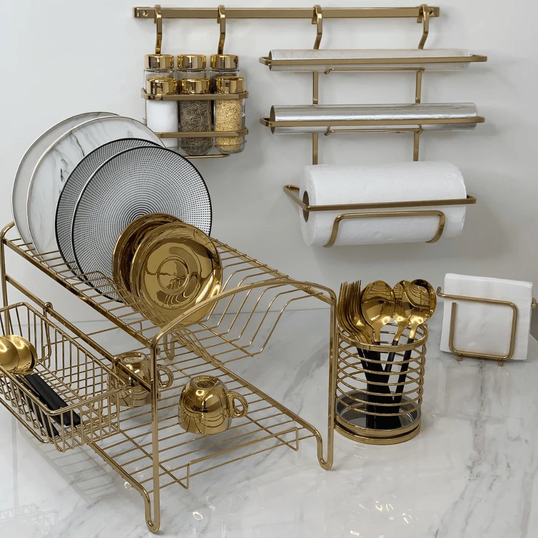 Suporte Porta Rolos Triplo Papel Toalha Alumínio e PVC Para Barra Luxo Dourado - Image 2