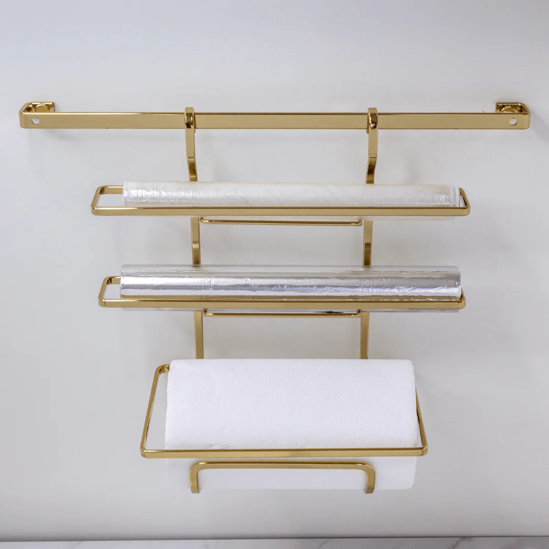 Suporte Porta Rolos Triplo Papel Toalha Alumínio e PVC Para Barra Luxo Dourado - Image 3