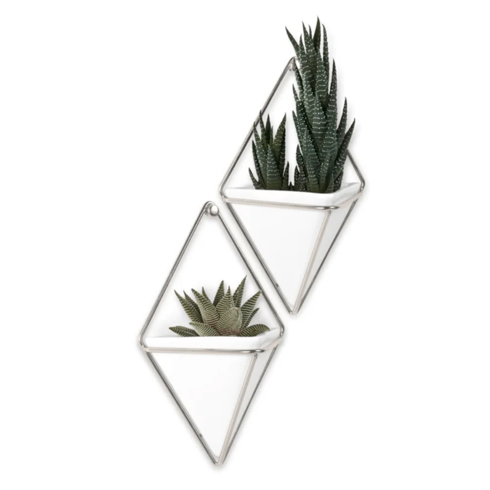 Vaso Decorativo Cachepot de Parede Triangular Branco com Cromado Umbra - 2 Peças