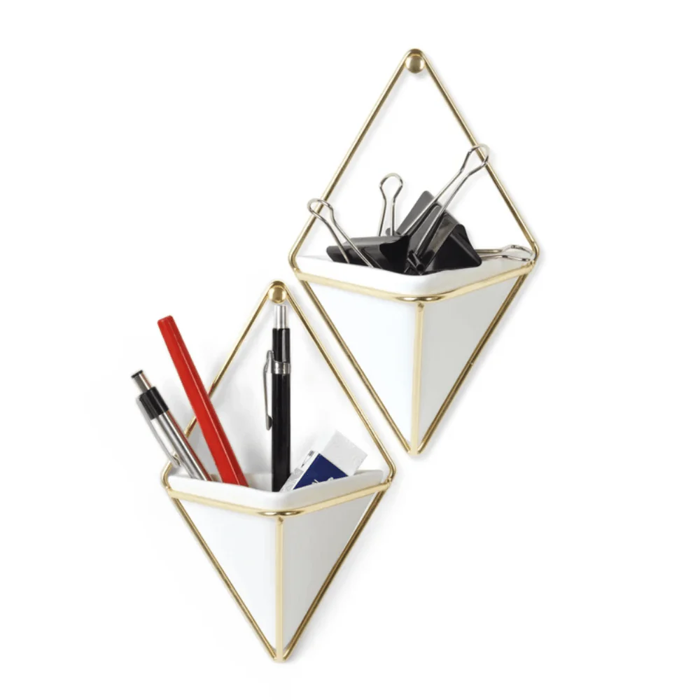 Vaso Decorativo Cachepot de Parede Triangular Branco com Dourado - 2 Peças